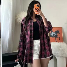 批发韩版春季烫钻格子衬衫小众原宿风宽松复古外套女<b class='q'>长袖</b>原宿风衬衣