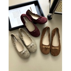 批发2024秋冬新款绒面蝴蝶结法式平底鞋复古酒红色单鞋女超软小红鞋