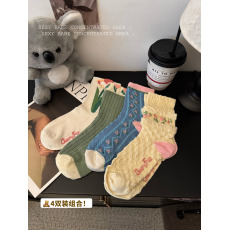 批发实拍实价秋季百搭袜子女中筒袜花朵堆堆袜长袜女袜纯棉4双装