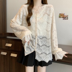 批发实拍 <b class='q'>大码</b>韩系简约百搭甜美淑女V领蕾丝衫打底叠穿上衣女