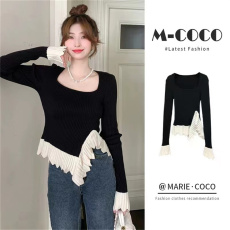 批发大码方领黑色针织打底衫女秋冬高级感洋气修身不规则毛衣内搭上衣