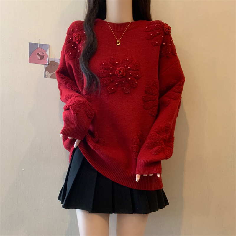 PF30107#大码新款宽松钉珠毛绒绒花朵套头毛衣胖mm加厚针织衫女裝貨源服裝批發
