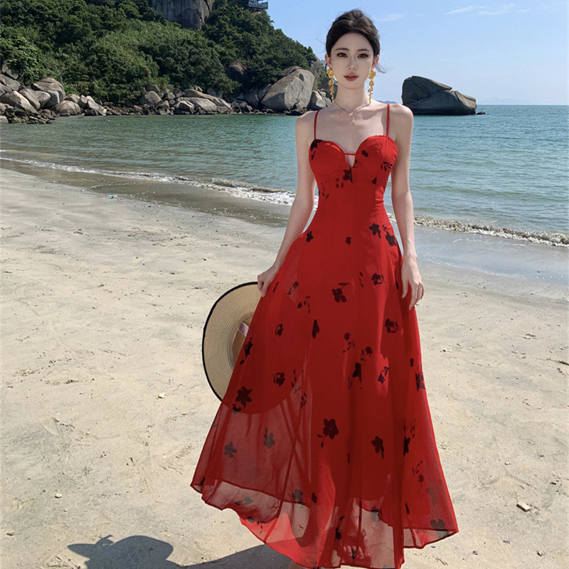 FA26099# 雪纺碎花吊带连衣长裙夏季新款超好看高端精致度假裙子有胸棉 服裝批發女裝批發服飾貨源