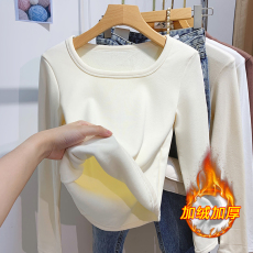 批发实拍加绒加厚<b class='q'>婴儿</b>绒打底衫女秋冬不规则弧形短款长袖t恤内搭上衣