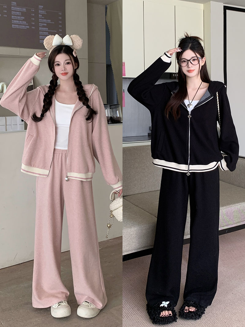 RY8789# 实拍2026秋装新款胖mm大码女慵懒风撞色加厚连帽外套阔腿...