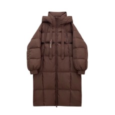 批发韩版连帽长款过膝<b class='q'>羽绒服</b>女反季<b class='q'>清仓</b>宽松廓形加厚冬季飘带外套