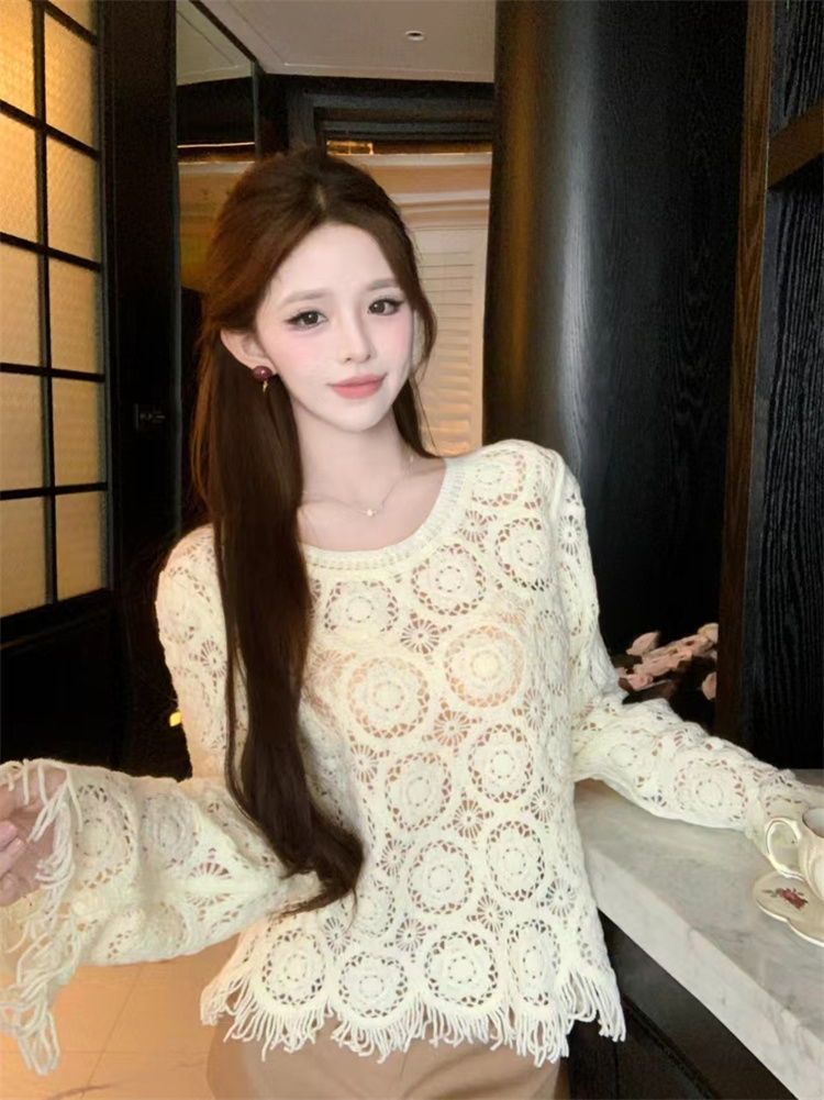 PF24418#镂空宽松显瘦针织长袖罩衫女裝貨源服裝批發