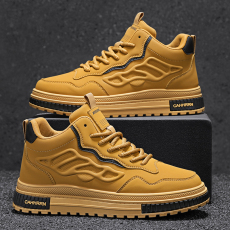 批发秋冬新款男士皮革拼接运动板鞋复古厚底增高系带<b class='q'>休闲</b>中帮潮鞋男鞋