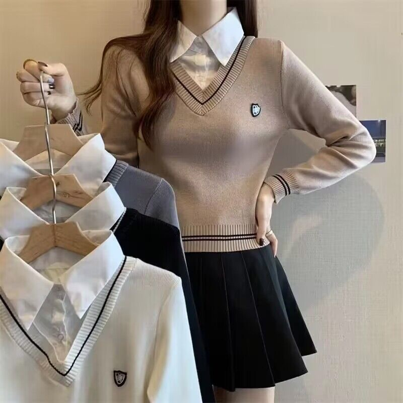 흔들어서 톤 주간 고양이 품질 작은 대중 학원 스타일 POLO 칼라 베스트 페이크 레이어드 긴팔 슬림해 보이는 다용도 한 첨부 된 옷
