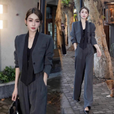 批发2026年早春季新款小香风韩版 春装长袖西装阔腿裤两件套套装