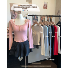 批发法式纯欲风蕾丝方领长袖t恤女春秋修身显瘦辣妹内搭<b class='q'>甜美</b>打底上衣