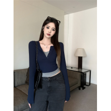 批发早秋季假两件短款长袖t恤女2025年新款修身显瘦内搭v领上衣打底衫