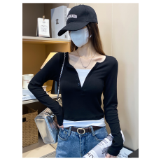批发假两件长袖T恤女2025春秋新款修身显瘦设计感小众百搭打底衫上衣