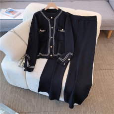 批发大码女装2024秋装新款胖妹妹显瘦时髦小香风针织衫阔腿裤两件套装