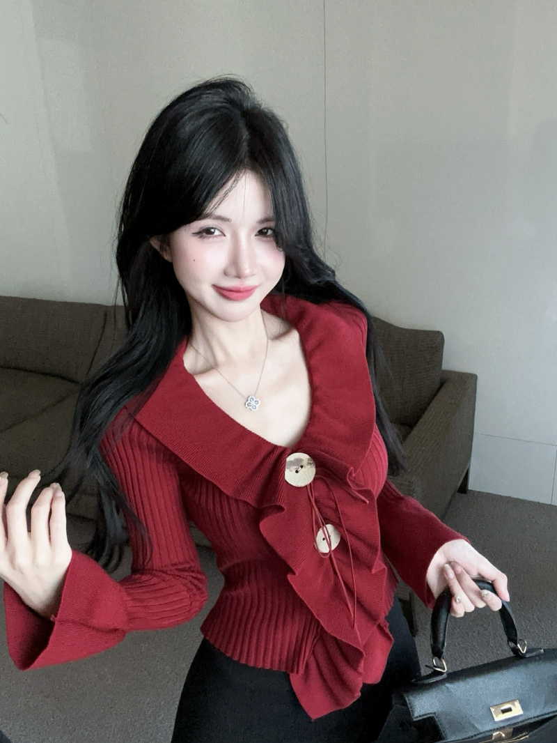 PF27348#新款气质荷叶边长袖针织衫软糯别致上衣女裝貨源服裝批發