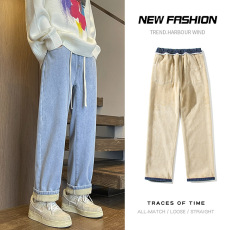 批发实拍冬季加绒加厚保暖牛仔裤男宽松直筒裤松紧裤系带长裤子