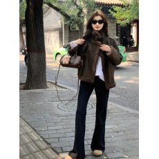 批发炸街皮毛一体机车外套女冬季新款韩版宽松加厚仿羊羔毛夹克大衣潮