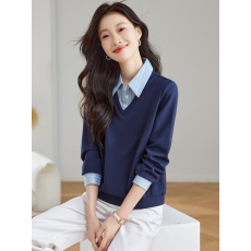 批发实拍假两件条纹拼接刺绣<b class='q'>套头卫衣</b>2026新款休闲百搭显瘦上衣