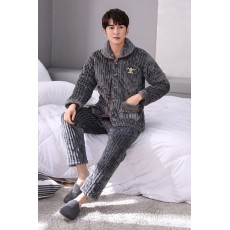 批发黛琳芬-水晶绒三层夹棉男士<b class='q'>睡衣</b>加厚保暖开衫两件套夹棉家居服80