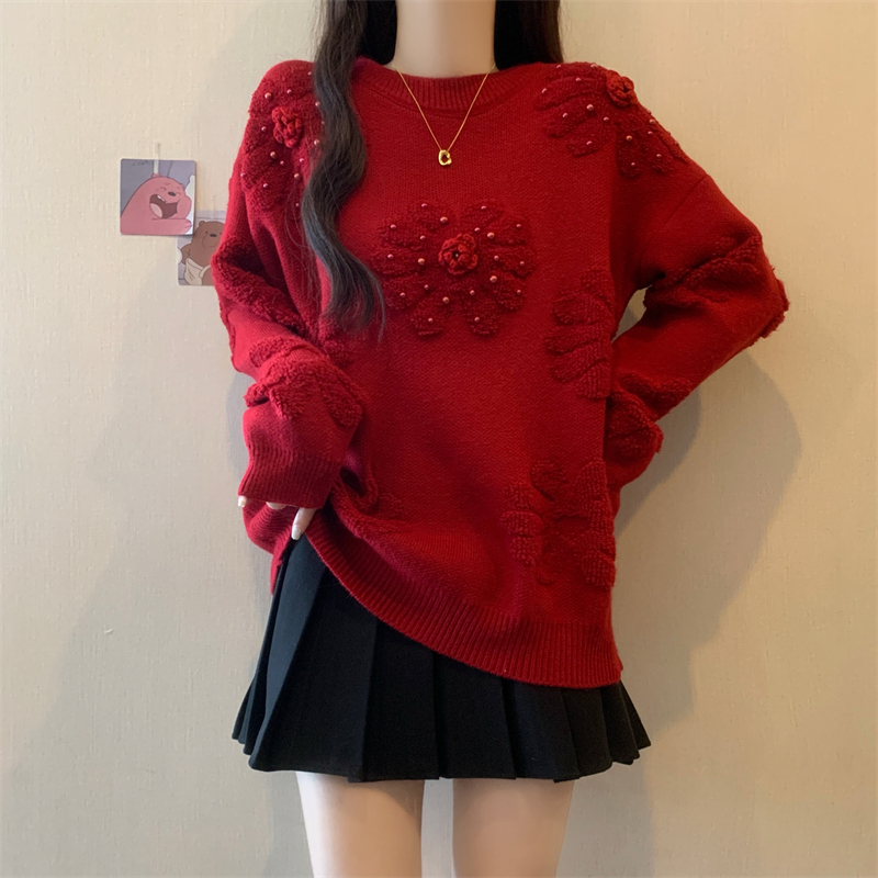 PF24454#慵懒风花朵提花套头毛衣2024秋冬新款韩版宽松甜美加厚针织衫女裝貨源服裝批發