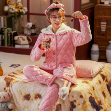 批发黛琳芬-水晶绒三层夹棉女士<b class='q'>睡衣</b>加厚保暖开衫两件套夹棉家居服80