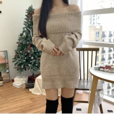 批发实价 韩国chic性感露肩一字领针织<b class='q'>连衣裙</b>气质洋气吊带毛衣裙