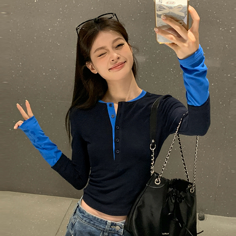 경관 그림 260 그램 사람들 면 이른 가을 2026 배색 디자인 인사이드 가져 가라. 몸매 가꾸기 기본 셔츠 라운드 넥 맨위 여성