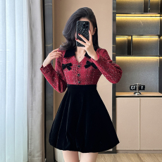 批发小香风花苞裙高级感拼接丝绒连衣裙女秋冬季新款假两件<b class='q'>甜美</b>高腰裙