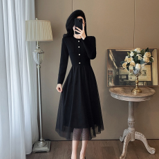 批发法式优雅气质小香风圆领连衣裙女早<b class='q'>秋</b>收腰显瘦黑色网纱拼接a字裙