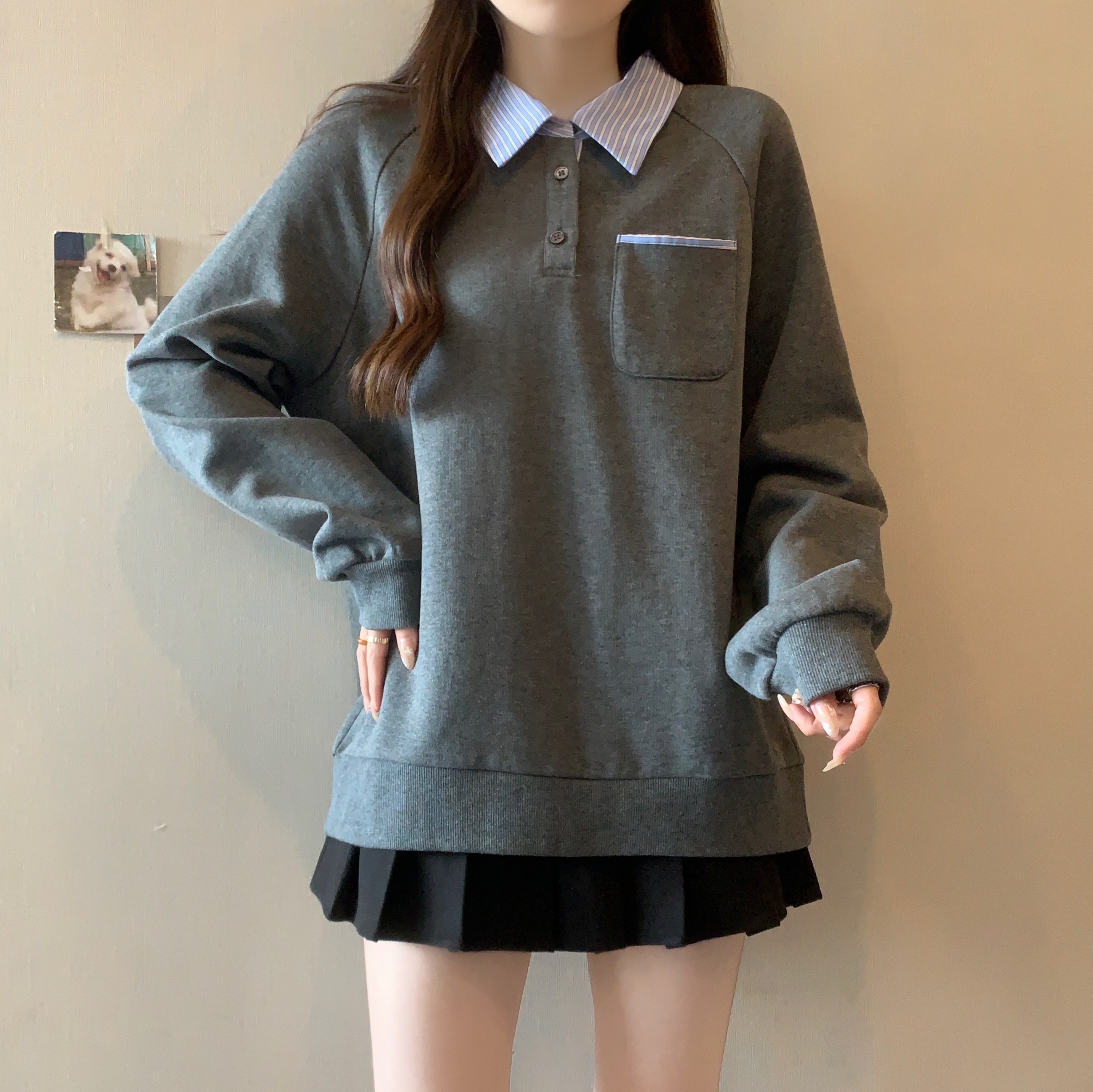 실사 빅 사이즈 셔츠 칼라 풀오버 스웨트셔츠 페이크 레이어드 가을 새로운 지방 mm 루즈핏 슬림해 보이는 맨위