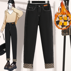 批发实拍冬新款大码弹力显瘦黑色加绒加厚牛仔胖MM修身保暖欧版女裤