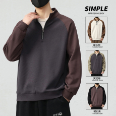 批发实拍2024秋冬新款美式潮牌半拉链立领卫衣男拼接撞色宽松百搭上衣