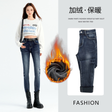 批发复古蓝加绒牛仔小脚裤女2025秋冬季新款<b class='q'>高腰</b>显瘦小个子九分<b class='q'>铅笔裤</b>