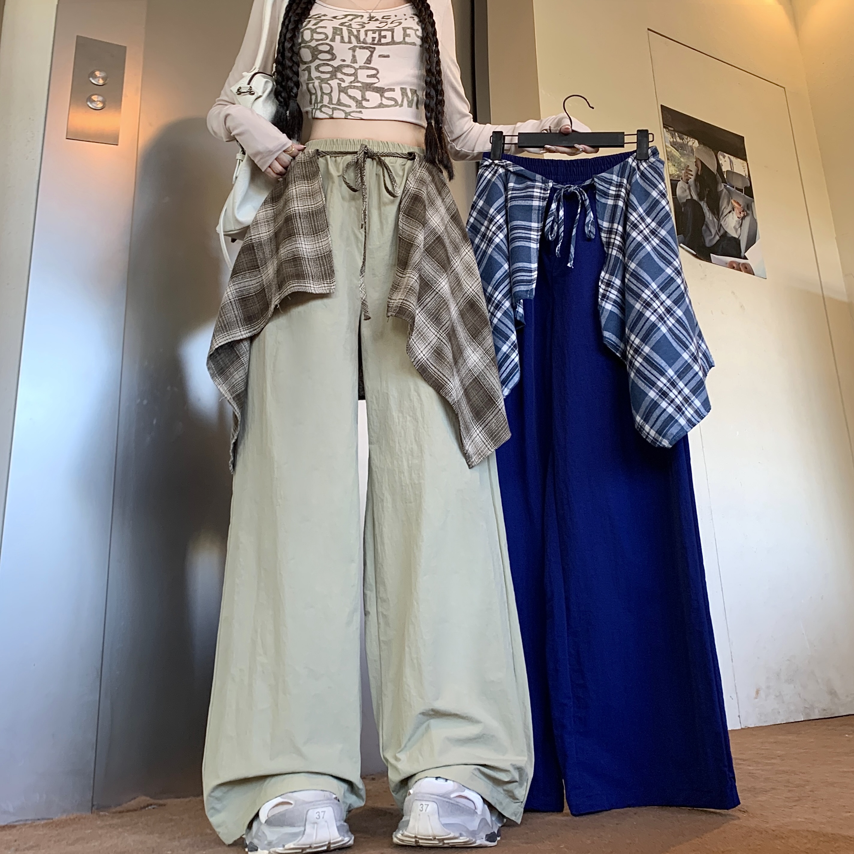 PF24433#休闲裤女秋季复古撞色格子不规则裙摆设计宽松跳舞直筒裤女裝貨源服裝批發