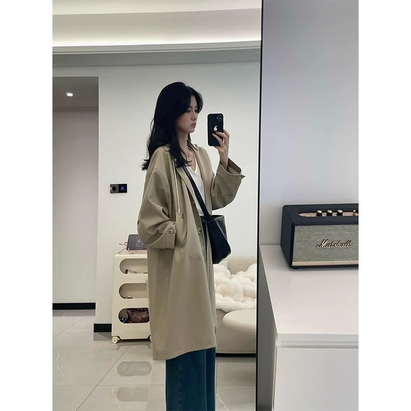 카키 색 중간 길이 후드 바람막이 여성 코트 봄 드레스 빅 사이즈 지방 mm 고급 루즈핏 다용도 영국식 바람 코트
