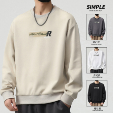 批发实拍2024秋冬新款圆领卫衣男简约印花宽松百搭套头上衣男