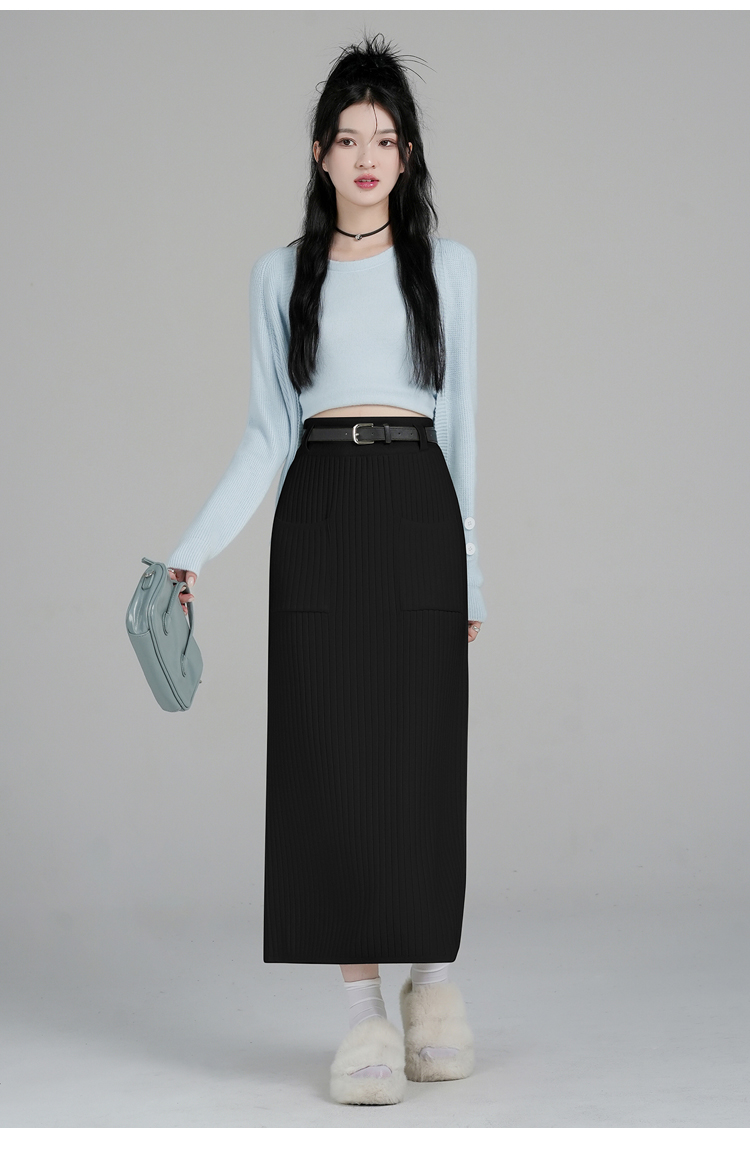 实拍冬季加厚针织毛线半身裙女高腰垂坠感中长裙直筒开叉一步包臀