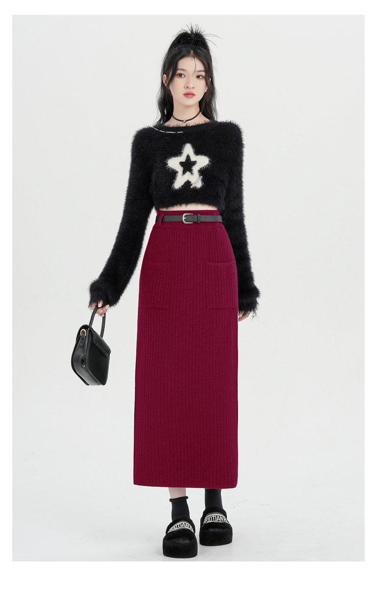 实拍冬季加厚针织毛线半身裙女高腰垂坠感中长裙直筒开叉一步包臀