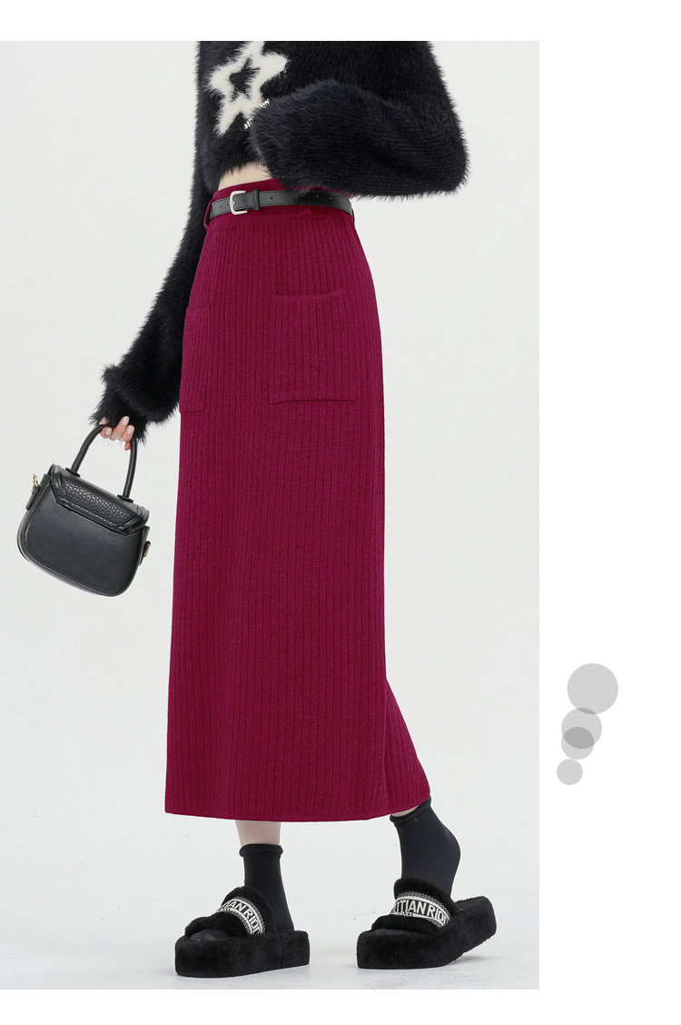 实拍冬季加厚针织毛线半身裙女高腰垂坠感中长裙直筒开叉一步包臀