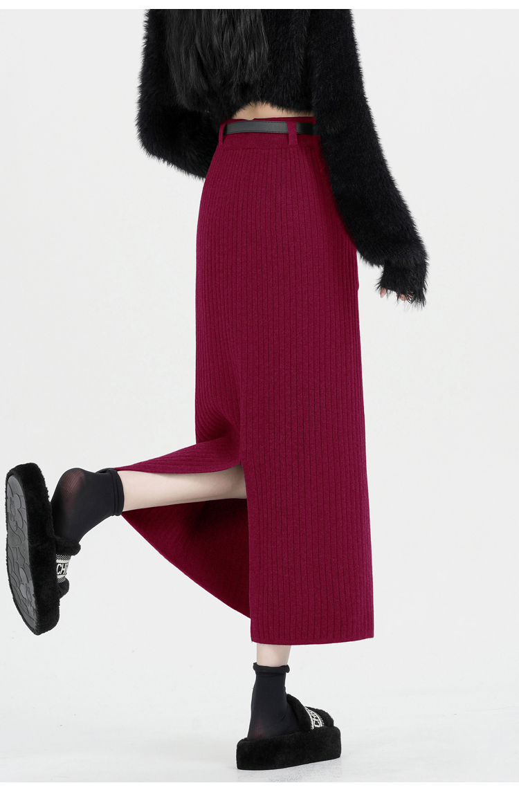 实拍冬季加厚针织毛线半身裙女高腰垂坠感中长裙直筒开叉一步包臀