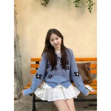 批发实拍实价~韩系复古蓝色碎花拉链毛<b class='q'>衣外套</b>女