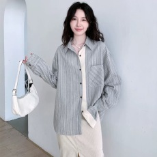 批发原布加工  宽松拼接条纹<b class='q'>长袖</b><b class='q'>衬衫</b>女秋季新款设计感<b class='q'>衬衣</b>外套上衣
