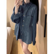 批发宽松显瘦Polo领条纹<b class='q'>衬衫</b>女小众设计感长袖百搭高级感气质<b class='q'>衬衣</b>