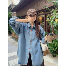 批发实价韩系做旧水洗蓝牛仔长袖<b class='q'>衬衫</b>女2026设计感百搭<b class='q'>休闲</b>Polo领上衣