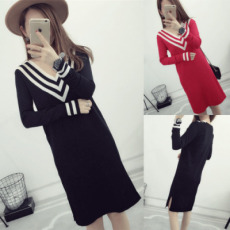 实拍2026秋季 长袖针织连衣裙中长款 打底裙性感V领