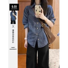 批发港式复古蓝色条纹衬衫女装秋季新款<b class='q'>宽松</b>休闲<b class='q'>外套</b>上衣