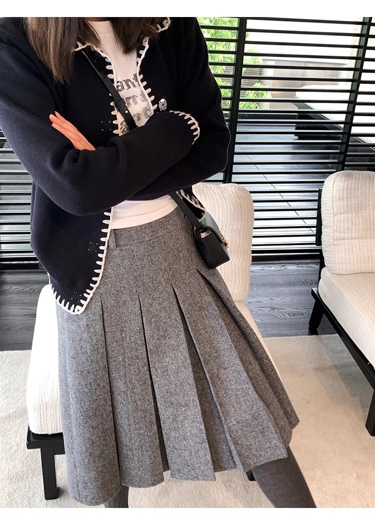 iszizii 양성 및 음성 둘 착용 그리드 레이 부서 회색 플리츠 스커트 중간 스커트 가을 겨울 양모 모직 반신 스커트 고급 센스