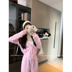 批发实拍实价~2024年秋季新款气质<b class='q'>天鹅</b>绒粉色温柔休闲套装