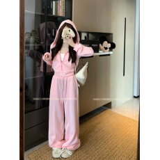 批发实拍实价~2024年秋季新款气质<b class='q'>天鹅</b>绒粉色温柔休闲套装