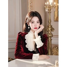 批发法式复古安可拉红丝绒长袖<b class='q'>衬衫</b>女秋季新款设计感气质内搭打底上衣